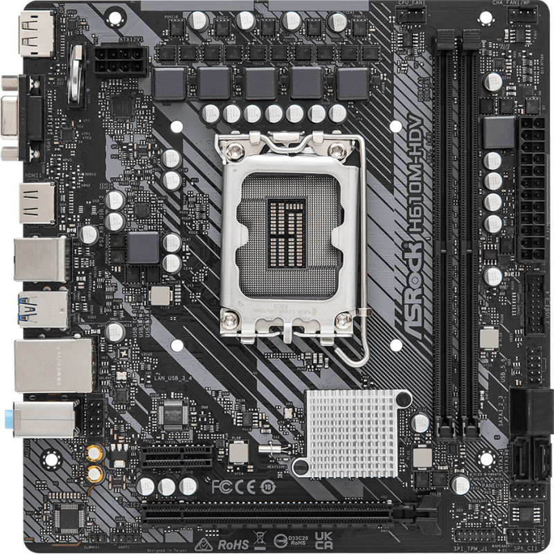 ASRock H610M-HDV (1700/H610, 2*DDR4, 1xPCIex16, HDMI/DVI/VGA, 4xSATAІІІ, GLan, 7.1ch, mATX)