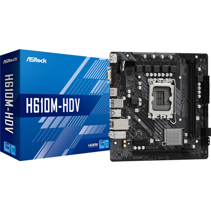 ASRock H610M-HDV (1700/H610, 2*DDR4, 1xPCIex16, HDMI/DVI/VGA, 4xSATAІІІ, GLan, 7.1ch, mATX)