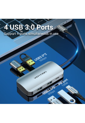 Хаб USB 3.1 Type-C -> 4хUSB 3.0/PD 100W 5-in-1 Vention