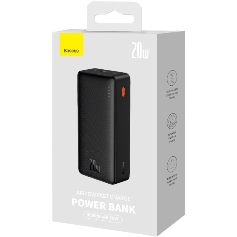 УМБ Baseus 30000mAh Airpow 20W PD,QC 3.0 USB-A, USB-C In/Out, Micro USB Black