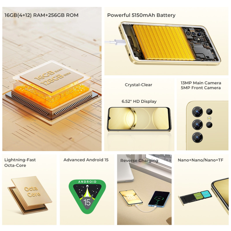Смартфон Oukitel C1pro 6.52" HD /4GB/256GB/ T606 /5150mAh/ 13+5Мп / Gold