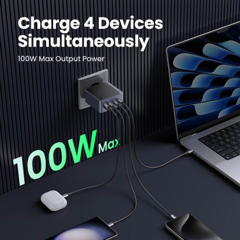 Зарядний пристрій 4xUSB 100W (3xUSB-C+USB-A) Gan Nexode Fast Charger Сірий X553 Ugreen