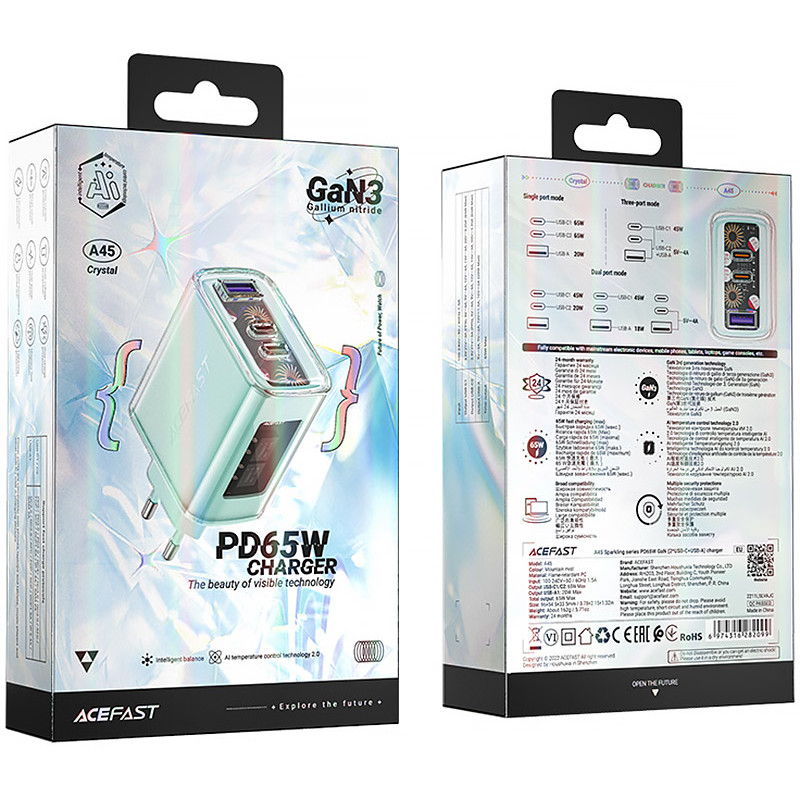 Зарядний пристрій 3xUSB 65W (2xUSB-C+USB-A) Gan A45 Fast Charger Mountain mist Acefast