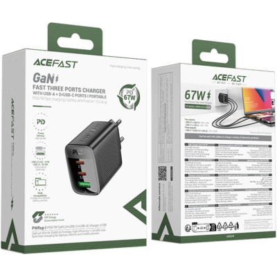 Зарядний пристрій 3xUSB 67W (2xUSB-C+USB-C) Gan A108 Fast Charger Black Acefast