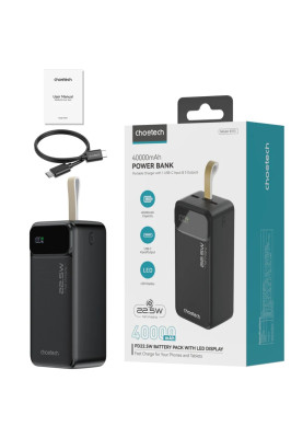 УМБ Choetech 40000mAh, 22,5W PD QC3.0, USB-C In/out, 2xUSB-A Li-pol чорна