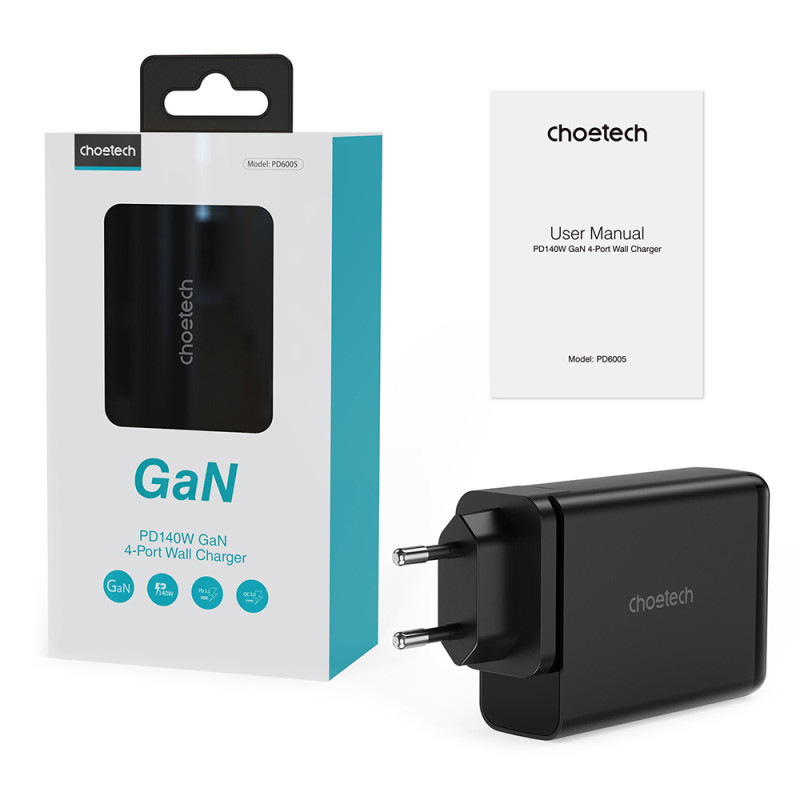 Зарядний пристрій 4xUSB 140W GaN (2хUSB-C+2хUSB-A) чорний Choetech