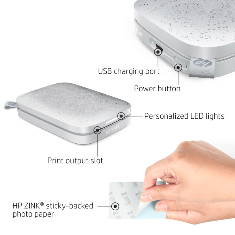 Фотодрукарка портативна HP Sprocket White (2"x3",313x400dpi,Zink, 64MB,Bluetooth, колір білий)
