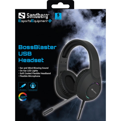 Ігрова гарнітура Sandberg BossBlaster, USB, кабель 2м, RGB, чорна Ігрова гарнітура Sandberg BossBlaster, USB, кабель 2м, RGB, чорна