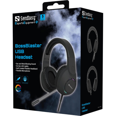 Ігрова гарнітура Sandberg BossBlaster, USB, кабель 2м, RGB, чорна Ігрова гарнітура Sandberg BossBlaster, USB, кабель 2м, RGB, чорна
