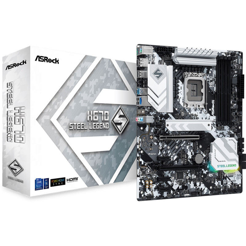 Материнська плата ASRock H670 STEEL LEGEND (1700/H670, 4*DDR4, 2xPCIex16, 4xSATAІІІ, 3xM.2, 2.5GLan, 7.1ch, ATX)