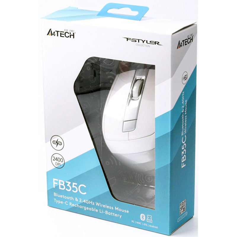 Мишка A4-Tech Fstyler FB35CS, бездротова, 6 кн., 2400 dpi, безшумна, BT+RF (Combo), біла