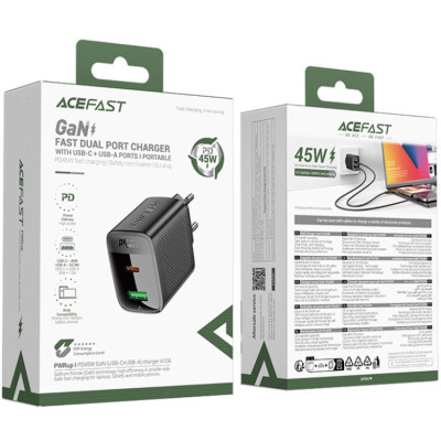 Зарядний пристрій 2xUSB 45W (USB-C+USB-A) Gan A106 Black Acefast Зарядний пристрій 2xUSB 45W (USB-C+USB-A) Gan A106 Black Acefast