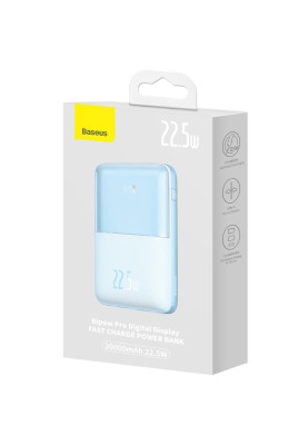 УМБ Baseus Bipow Pro 20000mAh 22.5W, 2хUSB-A QC3.0, In USB-C Li-pol, Display + Cable, blue