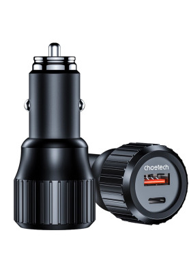 Автозарядка 2xUSB 63W (USB-C+USB-A) PD45W+QC3.018W чорна Choetech