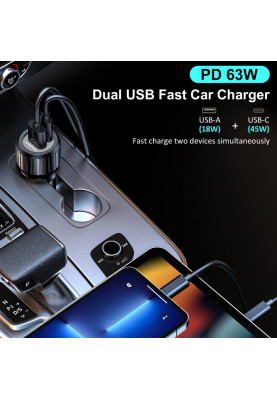 Автозарядка 2xUSB 63W (USB-C+USB-A) PD45W+QC3.018W чорна Choetech