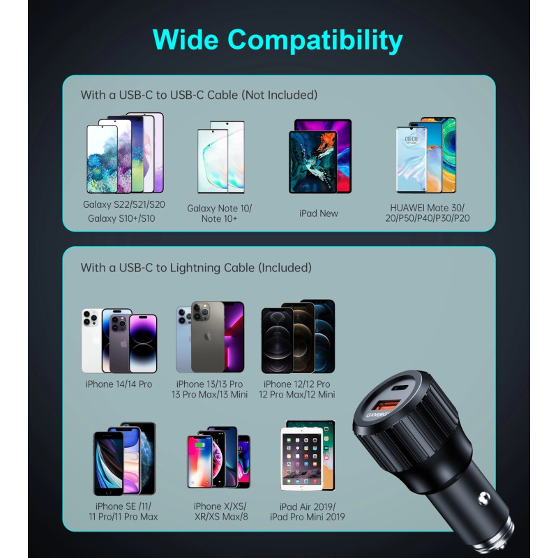 Автозарядка 2xUSB 63W (USB-C+USB-A) PD45W+QC3.018W чорна Choetech