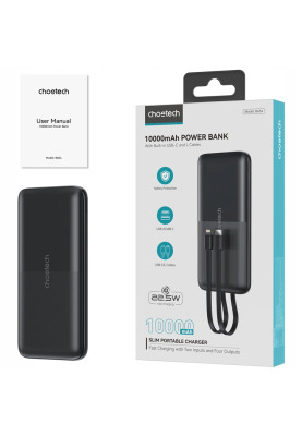 УМБ Choetech 10000mAh 22,5W Fast Charge MicroUsb,USB-A, USB-C,build-in USB-C/Lightning cable Black