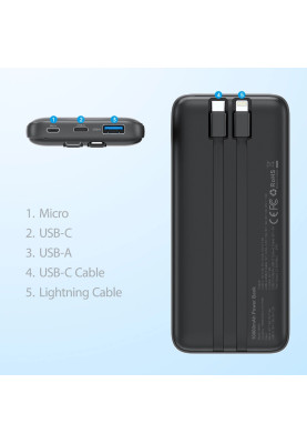 УМБ Choetech 10000mAh 22,5W Fast Charge MicroUsb,USB-A, USB-C,build-in USB-C/Lightning cable Black