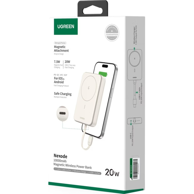 УМБ Ugreen Magnetic Wireless 10000 mAh 20W Build-in USB-C Cable  (PB760) білий