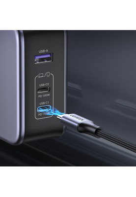 Зарядний пристрій 3xUSB 140W (2хUSB-C+USB-A) Gan CD289 with C to C Cable 1.5 м Gray Ugreen