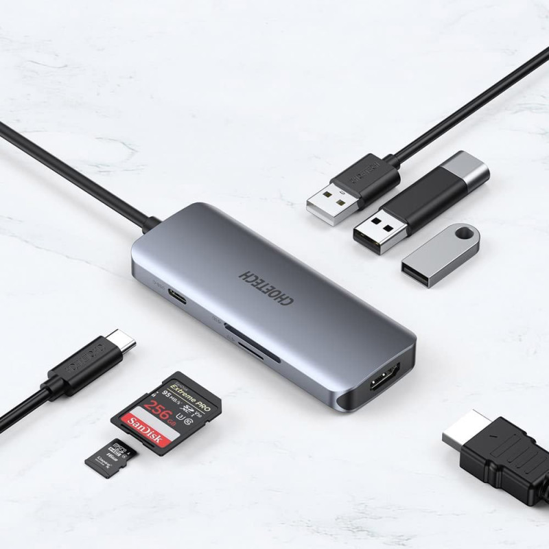 Док-станція USB3.1 Type-C -->HDMI 4K30Hz/3хUSB 3.0/Type-C/ PD100W/SD/TF 7 in 1Choetech