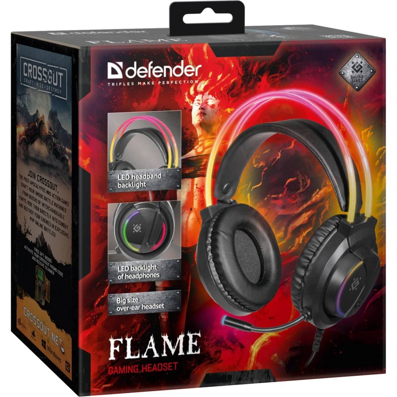 Ігрова гарнітура Defender Flame RGB, провід 2 м, чорна