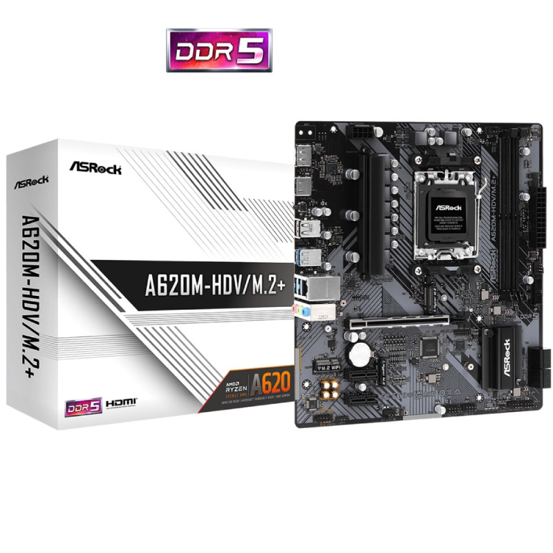 ASRock A620M-HDV/M.2+ (AM5/A620, 2*DDR5, PCIex16, DP/HDMI, 2xSATAІІІ, 2xM.2, GLan, 8ch, mATX)
