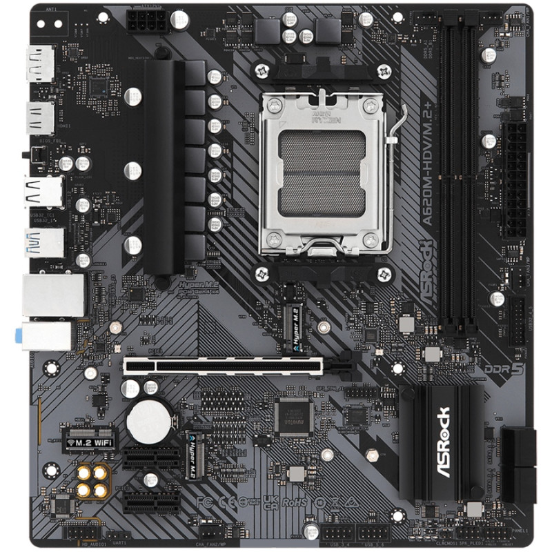 ASRock A620M-HDV/M.2+ (AM5/A620, 2*DDR5, PCIex16, DP/HDMI, 2xSATAІІІ, 2xM.2, GLan, 8ch, mATX)