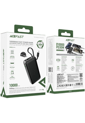 УМБ Acefast 10000mAh 30W PD USB-C witch cable, USB-A, Li-Pol, M7 Black