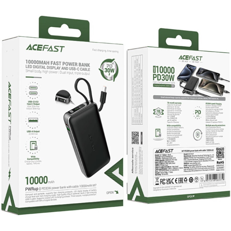УМБ Acefast 10000mAh 30W PD USB-A,USB-C In/Out, with built-in USB-C cable M7 Black
