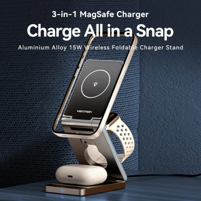 Зарядний пристрій 15W 3-in-1 Magnetic Wireless Fast Charger Gray Vention