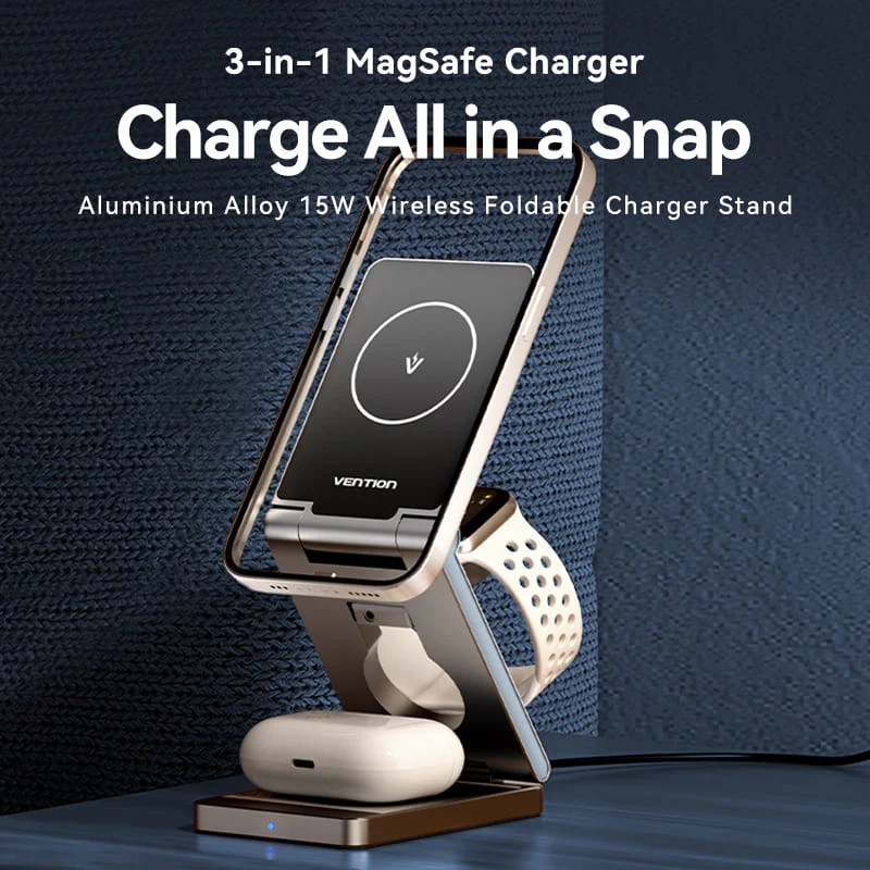 Зарядний пристрій 15W 3-in-1 Magnetic Wireless Fast Charger Gray Vention