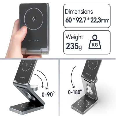 Зарядний пристрій 15W 3-in-1 Magnetic Wireless Fast Charger Gray Vention