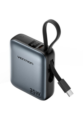 УМБ Vention 10000mAh 35W 3A PD,Fast Charging,1хType-C IN/OUT,Built-in USB-C Cable,LED Display,Gray