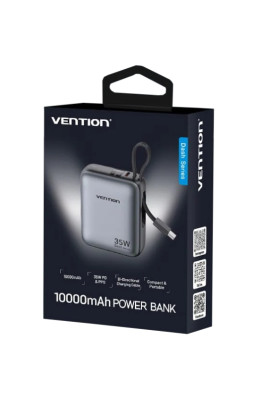 УМБ Vention 10000mAh 35W 3A PD,Fast Charging,1хType-C IN/OUT,Built-in USB-C Cable,LED Display,Gray