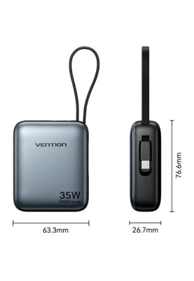 УМБ Vention 10000mAh 35W 3A PD,Fast Charging,1хType-C IN/OUT,Built-in USB-C Cable,LED Display,Gray