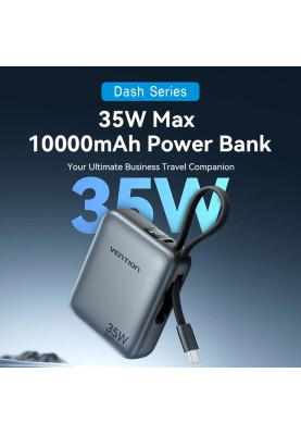 УМБ Vention 10000mAh 35W 3A PD,Fast Charging,1хType-C IN/OUT,Built-in USB-C Cable,LED Display,Gray