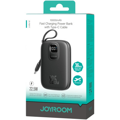 УМБ Joyroom 10000mAh 22,5W PD,QC, USB-A, USB-C In/Out with built-in USB-C cable Black