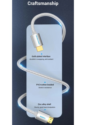Кабель HDMI M - M,10.0 м, V2.0, 4K 60Гц, обплетення, Silver Metal Type Vention