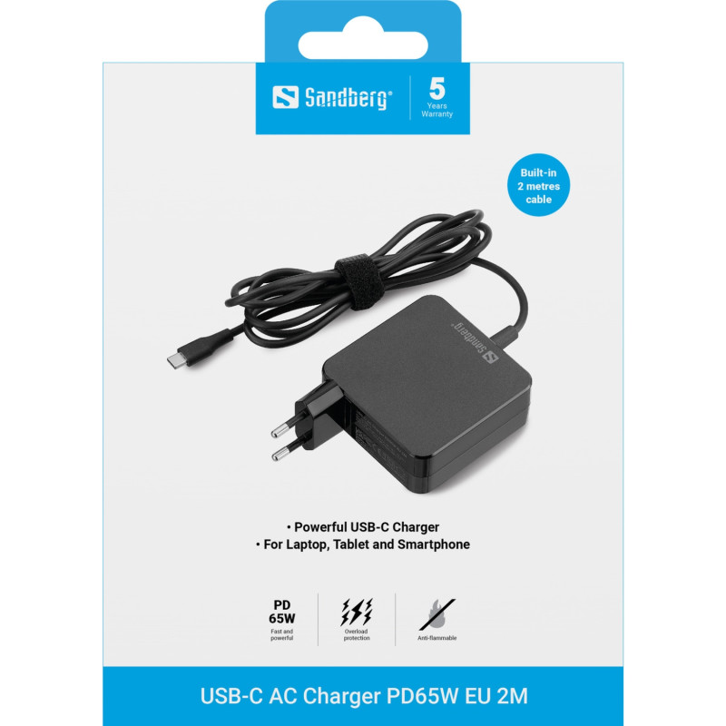 Зарядний пристрій 1xUSB 65W (USB-C) Gan, built in cable 2m, чорний Sandberg