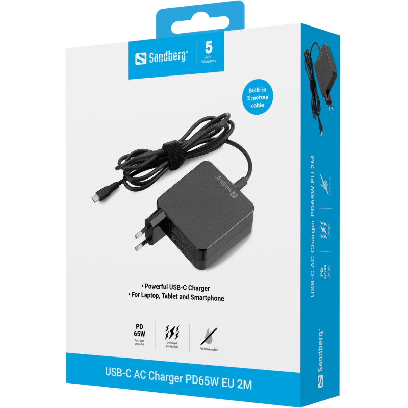 Зарядний пристрій 1xUSB 65W (USB-C) Gan, built in cable 2m, чорний Sandberg