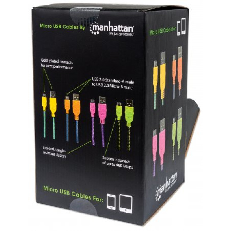 Кабель USB AM-micro BM, 0.5 м, кольорове обплетення,  Box (60 шт) Manhattan