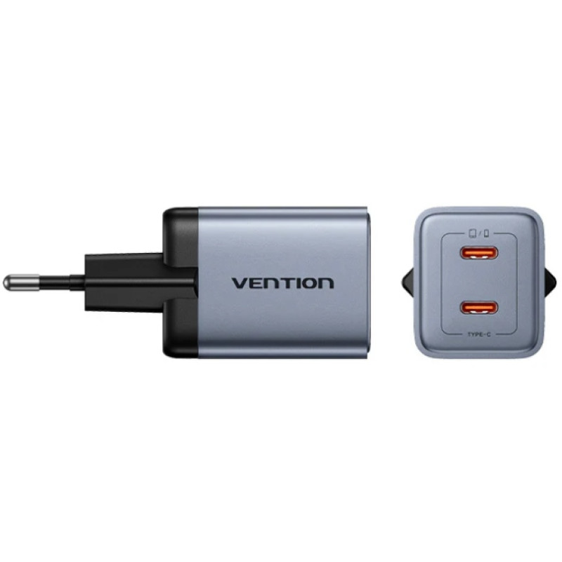 Зарядний пристрій 2xUSB-C 45W PD3.0/QC/GaN + USB-C cable М-М чорний Vention