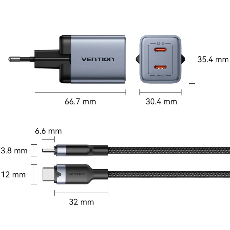 Зарядний пристрій 2xUSB-C 45W PD3.0/QC/GaN + USB-C cable М-М чорний Vention