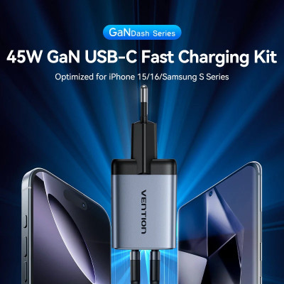 Зарядний пристрій 2xUSB-C 45W PD3.0/QC/GaN + USB-C cable М-М чорний Vention