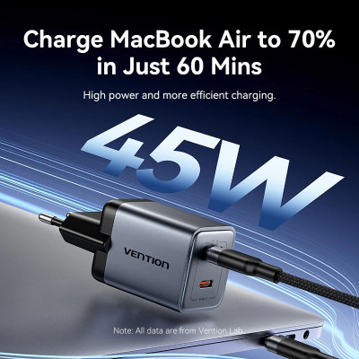 Зарядний пристрій 2xUSB-C 45W PD3.0/QC/GaN + USB-C cable М-М чорний Vention