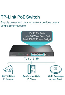 Комутатор TP-Link TL-SL1218P 16xFE (16xPoE), 2xSFP, 150Вт, Некерований