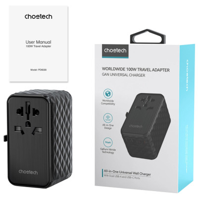 Зарядний пристрій 4xUSB 100W PD (2хUSB-C+2хUSB-A) TRAVEL Universal сharger diamond чорний Choe Зарядний пристрій 4xUSB 100W PD (2хUSB-C+2хUSB-A) TRAVEL Universal сharger diamond чорний Choe