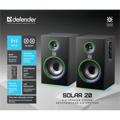 Акустична система 2.0 Solar 20 20Вт Bluetooth 5.0+3,5мм, RGB підсвітка, чорна Акустична система 2.0 Solar 20 20Вт Bluetooth 5.0+3,5мм, RGB підсвітка, чорна