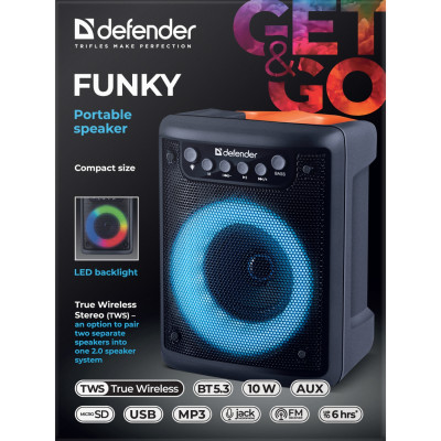 Акустична система 1.0 Defender Funky 10Вт, Light/BT/FM/USB/MIC/AUX